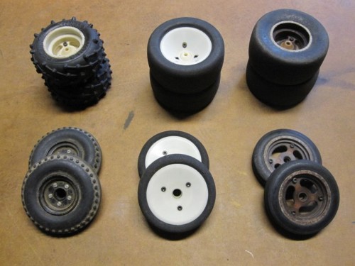Various old tires -- the ones on the left were the last set I used in actual races